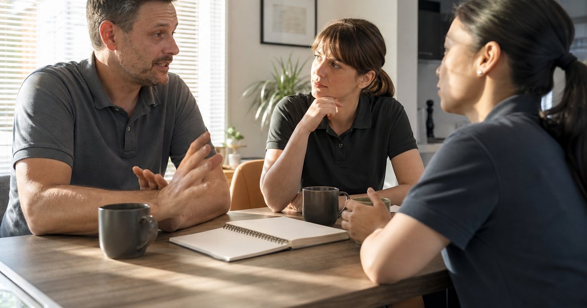 Three people in plain work polos gathered around a kitchen table in a bright home office, mugs of coffee and an open blank notepad between them, one person gesturing mid conversation, warm afternoon light coming through a window with open blinds