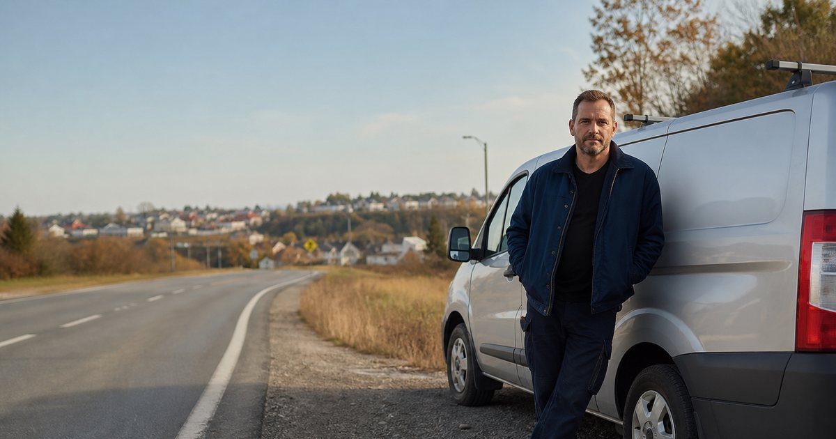 A small business owner in work clothes standing beside a service van parked on the shoulder of a two-lane county road at the edge of town, suburban rooftops visible in the distance, clear morning sky, no visible lettering