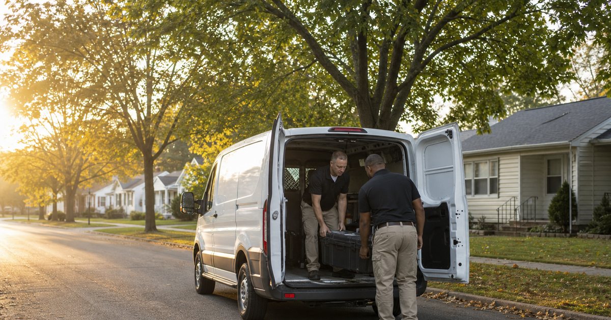 An unmarked white work van parked on a quiet residential street in a small American town at sunrise, two workers in plain uniforms lifting a tool case out of the open back doors, maple trees and modest single story houses along the curb, soft golden light