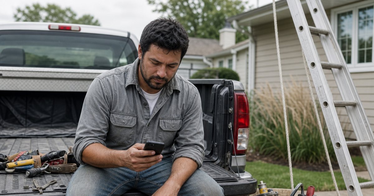 A roofer in a work shirt sitting on the tailgate of a pickup truck in a suburban driveway, glancing at a cell phone with a neutral expression, an extension ladder and tool bucket beside the truck, overcast daylight, no visible text