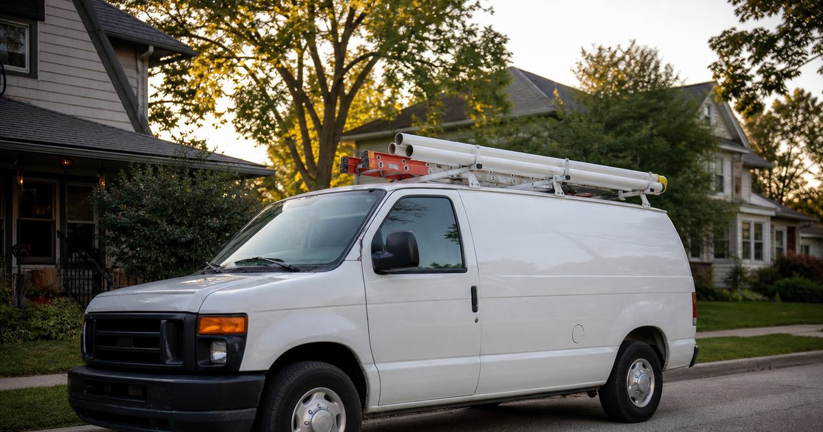 A plumber's white work van parked on a quiet residential street in a suburban neighborhood at golden hour, single-family houses and mature trees in the background, no visible text or logos