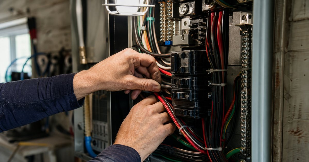 Close-up of an electrician's hands organizing neatly bundled color-coded wires inside an open metal panel in a garage, a work light overhead, no visible labels or text