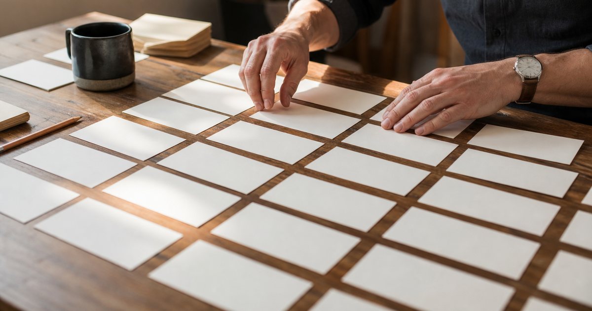 A workshop desk with dozens of blank paper index cards arranged in a grid, a person's hands sorting them into rows and columns, a mug of coffee and a pencil nearby, warm afternoon light through a window