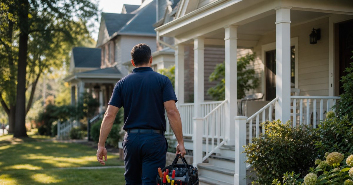 A quiet tree-lined suburban street with modest single-family homes and neat lawns, a service technician carrying a tool bag toward a front porch, soft morning light, no signage or text visible