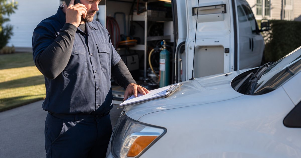 An HVAC technician standing in a residential driveway next to an open service van, talking on a cell phone with a clipboard resting on the hood, bright morning sun, no visible logos or text